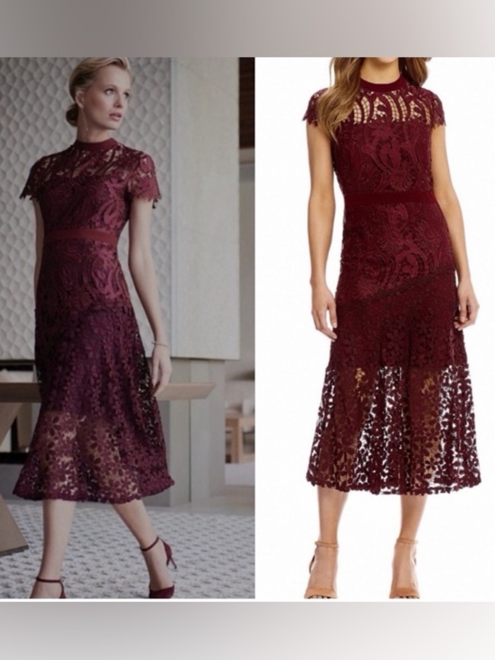 Antonio Melani Burgundy Lace Midi Dress Formal Event Date Night Evening Wear